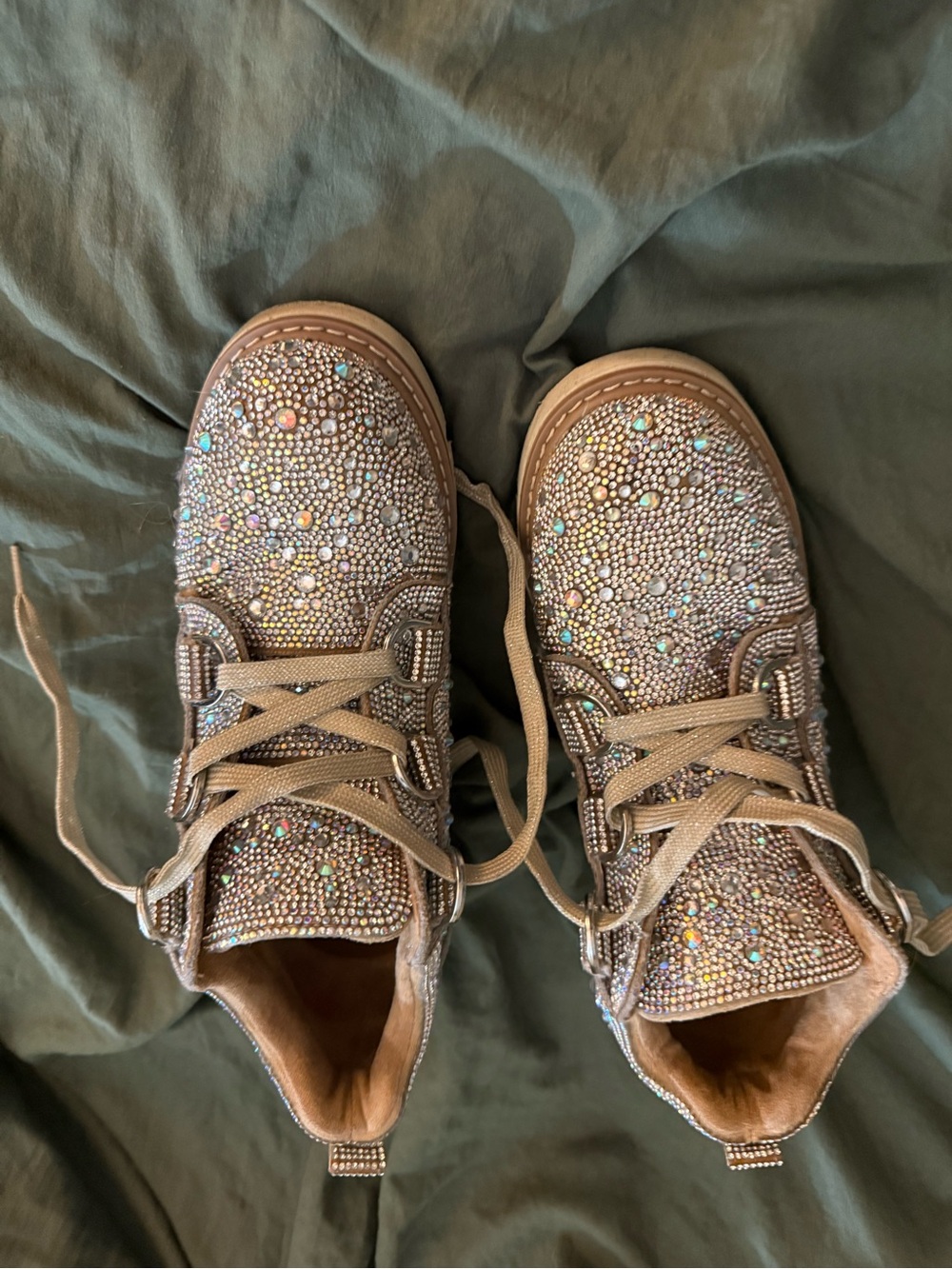 Embellished Tan Lace-Up Women’s Boots with Rhinestone Detail